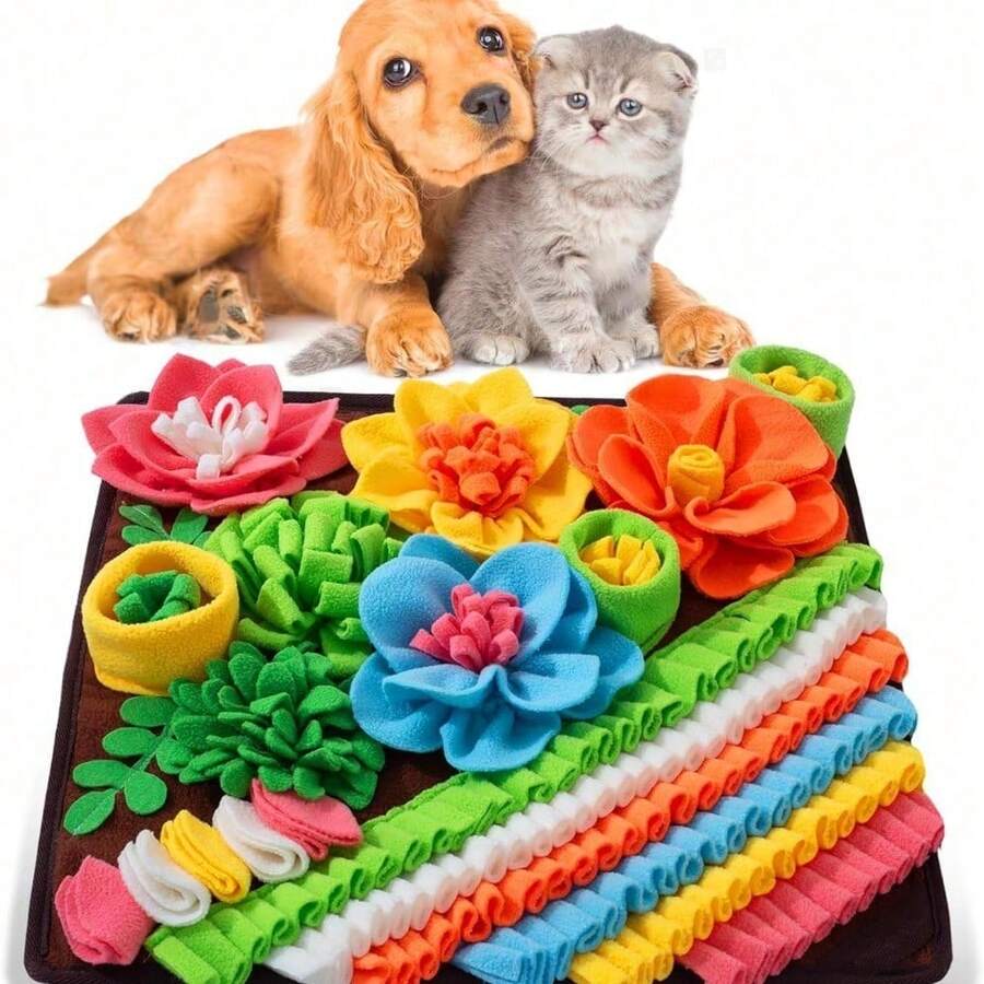 Multicolor pet sniff training mat with fruit and vegetable pattern for cats and dogs.