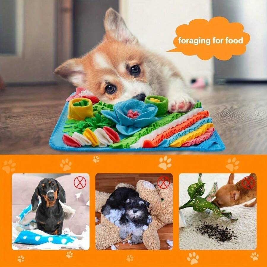 Multicolor pet sniff training mat with fruit and vegetable pattern for cats and dogs.