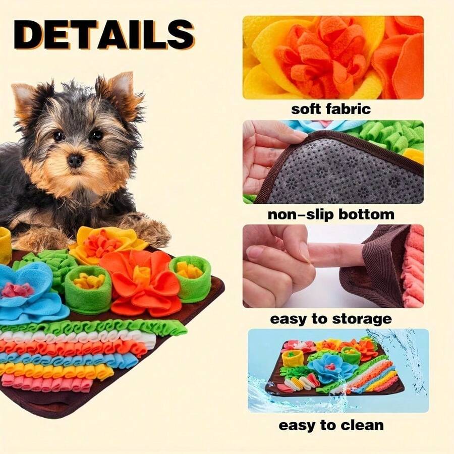 Multicolor pet sniff training mat with fruit and vegetable pattern for cats and dogs.