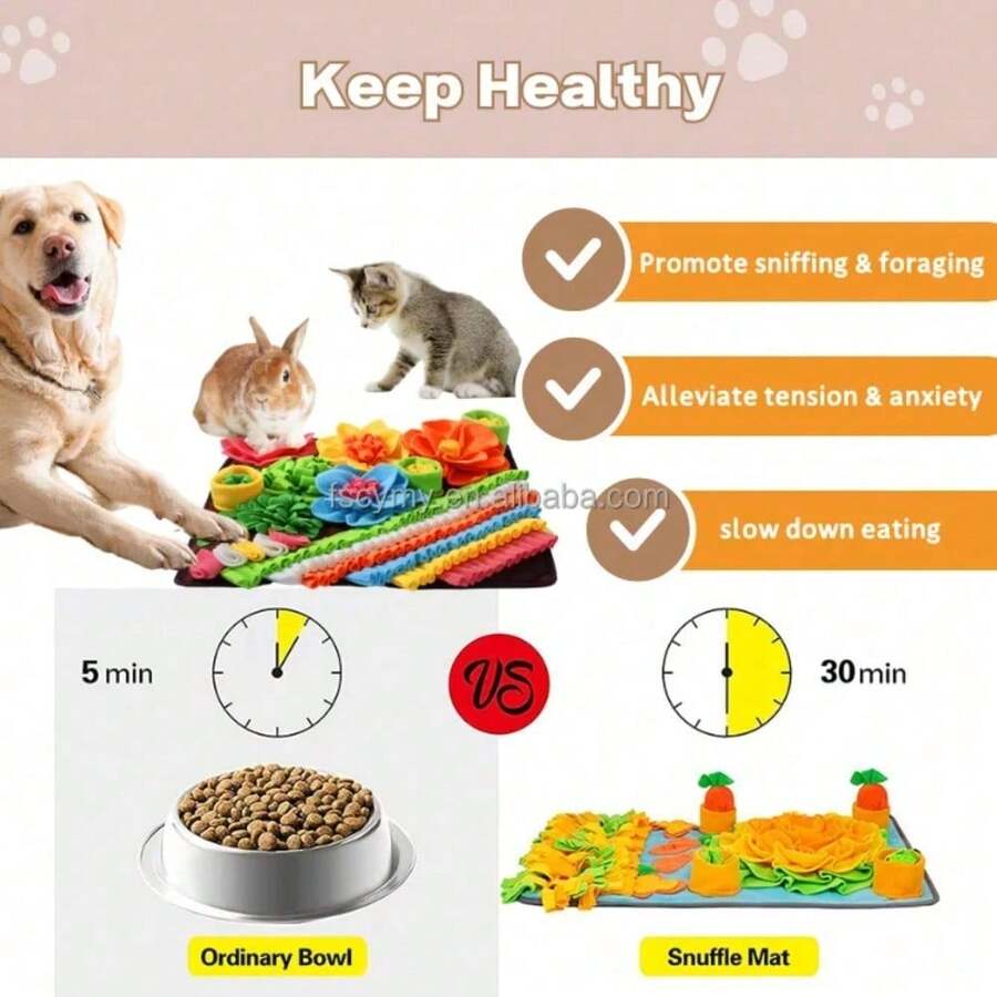 Multicolor pet sniff training mat with fruit and vegetable pattern for cats and dogs.