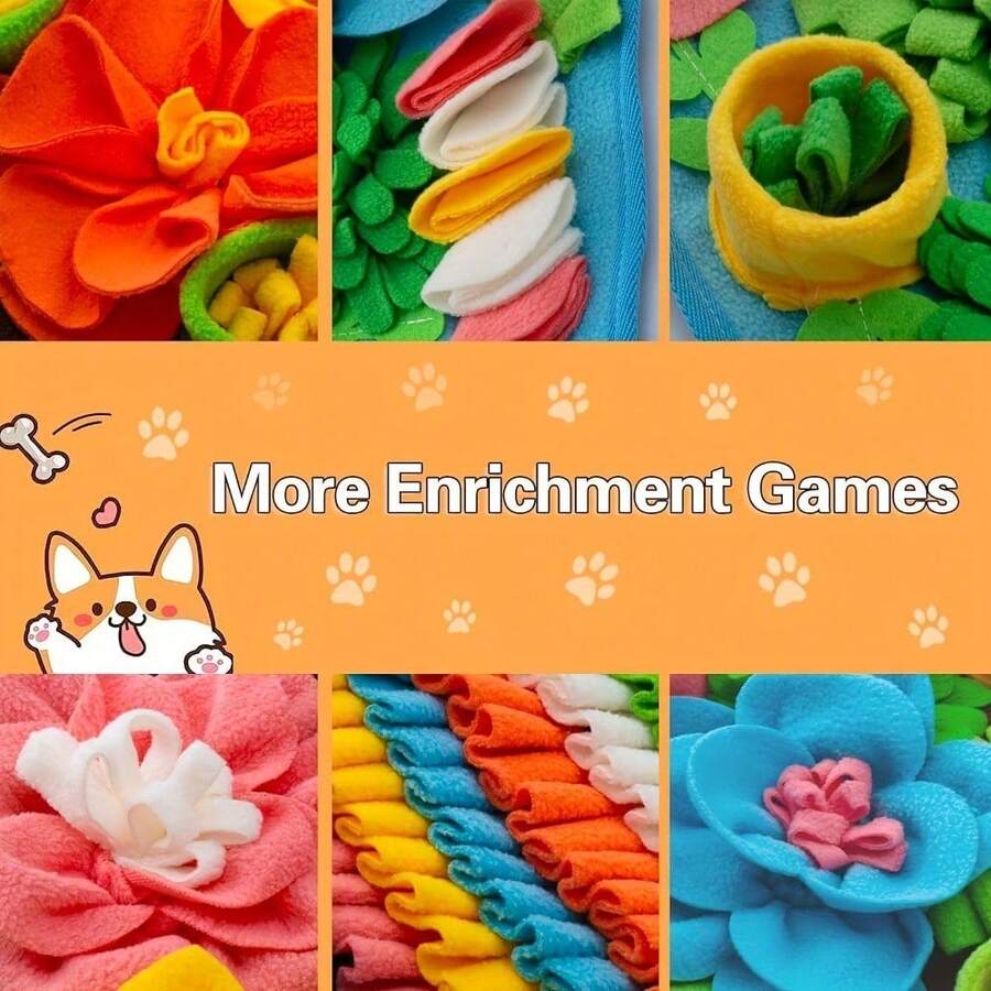 Multicolor pet sniff training mat with fruit and vegetable pattern for cats and dogs.