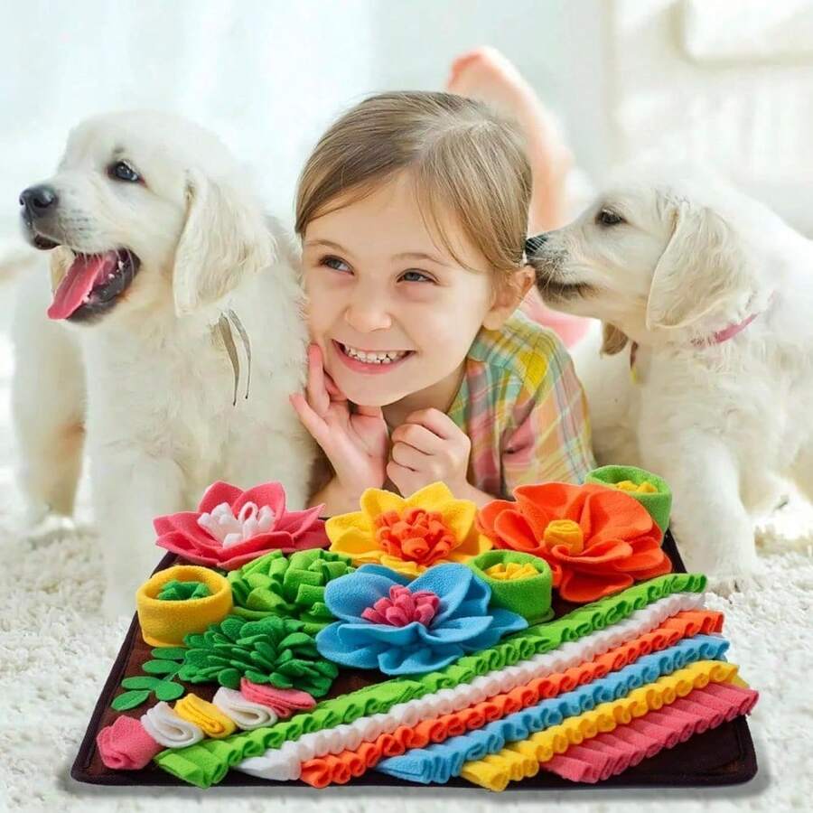 Multicolor pet sniff training mat with fruit and vegetable pattern for cats and dogs.