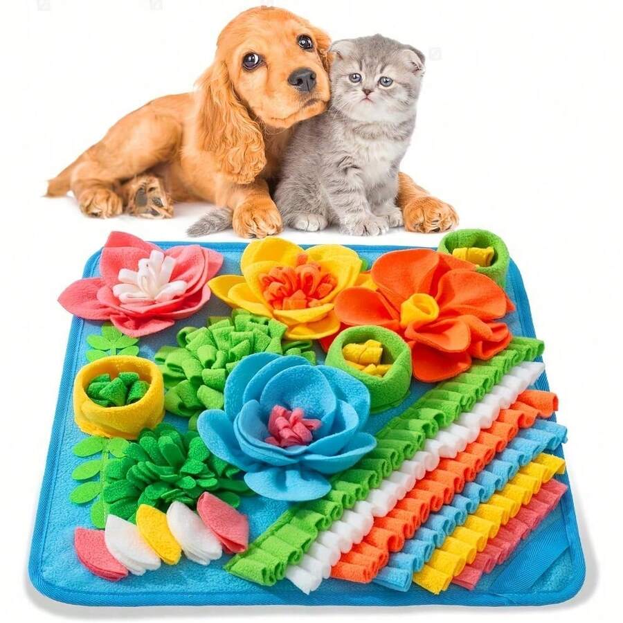 Multicolor pet sniff training mat with fruit and vegetable pattern for cats and dogs.