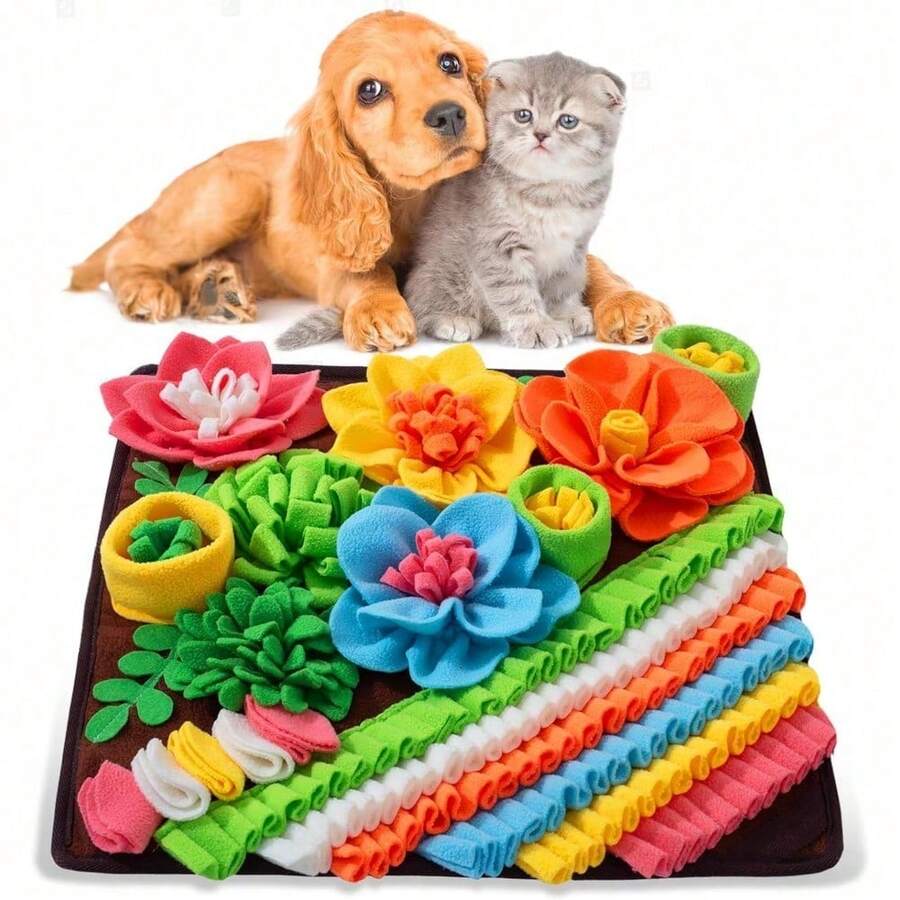 Multicolor pet sniff training mat with fruit and vegetable pattern for cats and dogs.