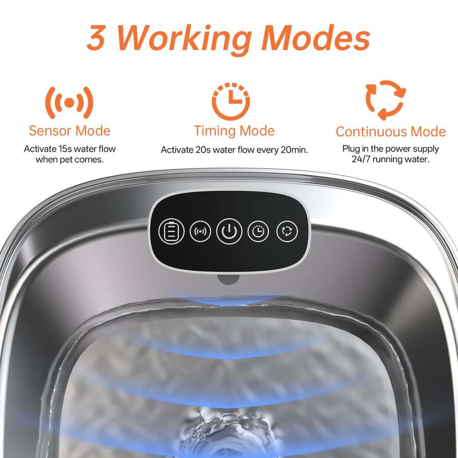 Silver stainless steel automatic cat water fountain with rechargeable battery and motion sensor