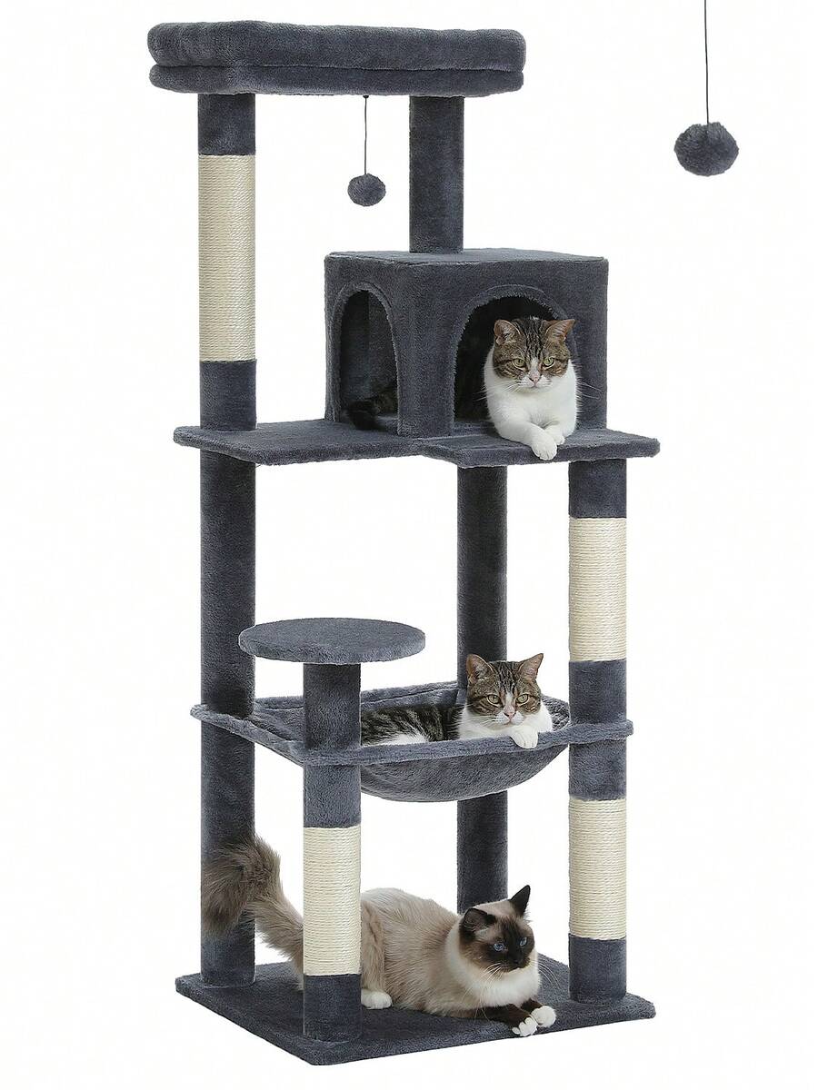 Red 56.3-inch tall multi-level cat tree tower for indoor cats featuring a cozy plush top perch, spacious cat condo, large hanging hammock, and natural sisal scratching posts.