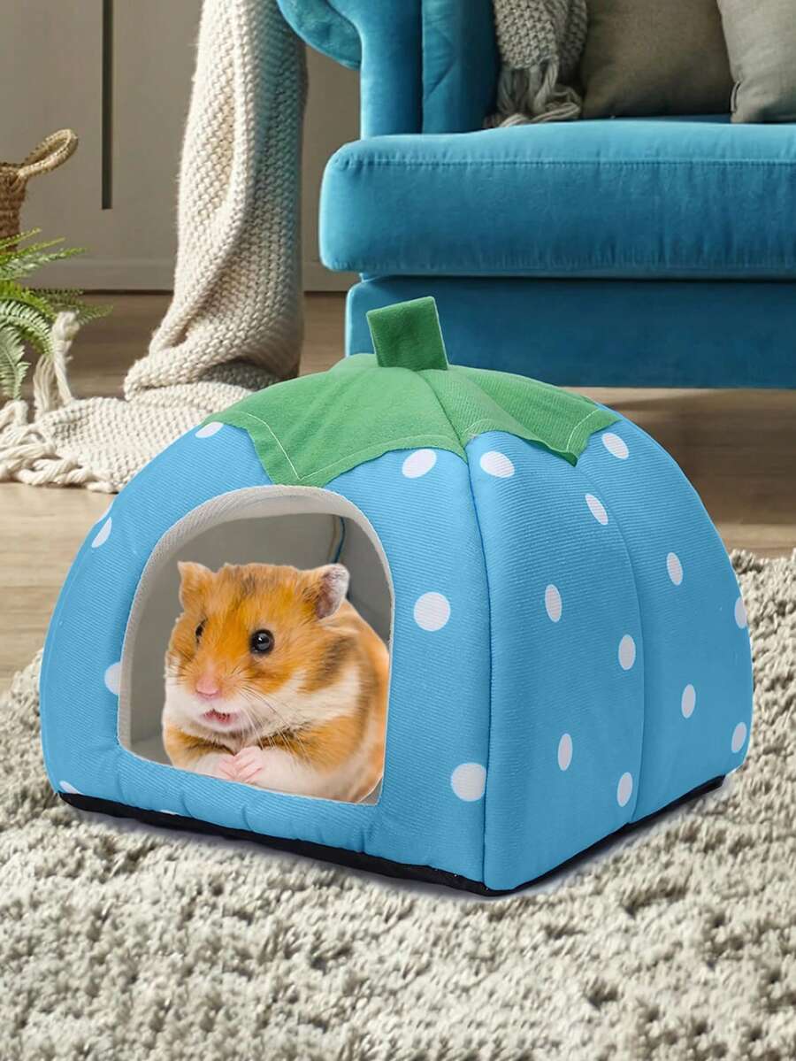 Pink strawberry pattern hamster bed hideaway nest made of soft polyester for small pets.