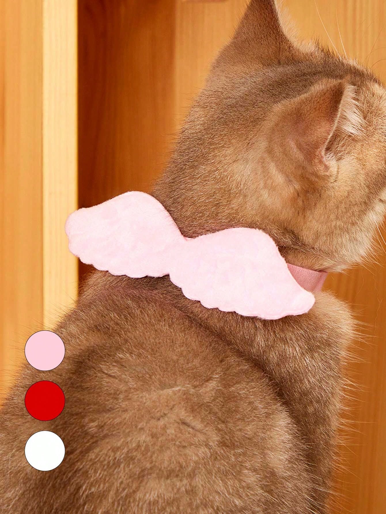 Pink pet angel wing collar accessory with white bow tie costume detail for cats and dogs, suitable for Halloween and Christmas pet apparel