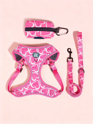 Hot pink heart print adjustable dog harness and leash set with matching poop bag holder for outdoor walking