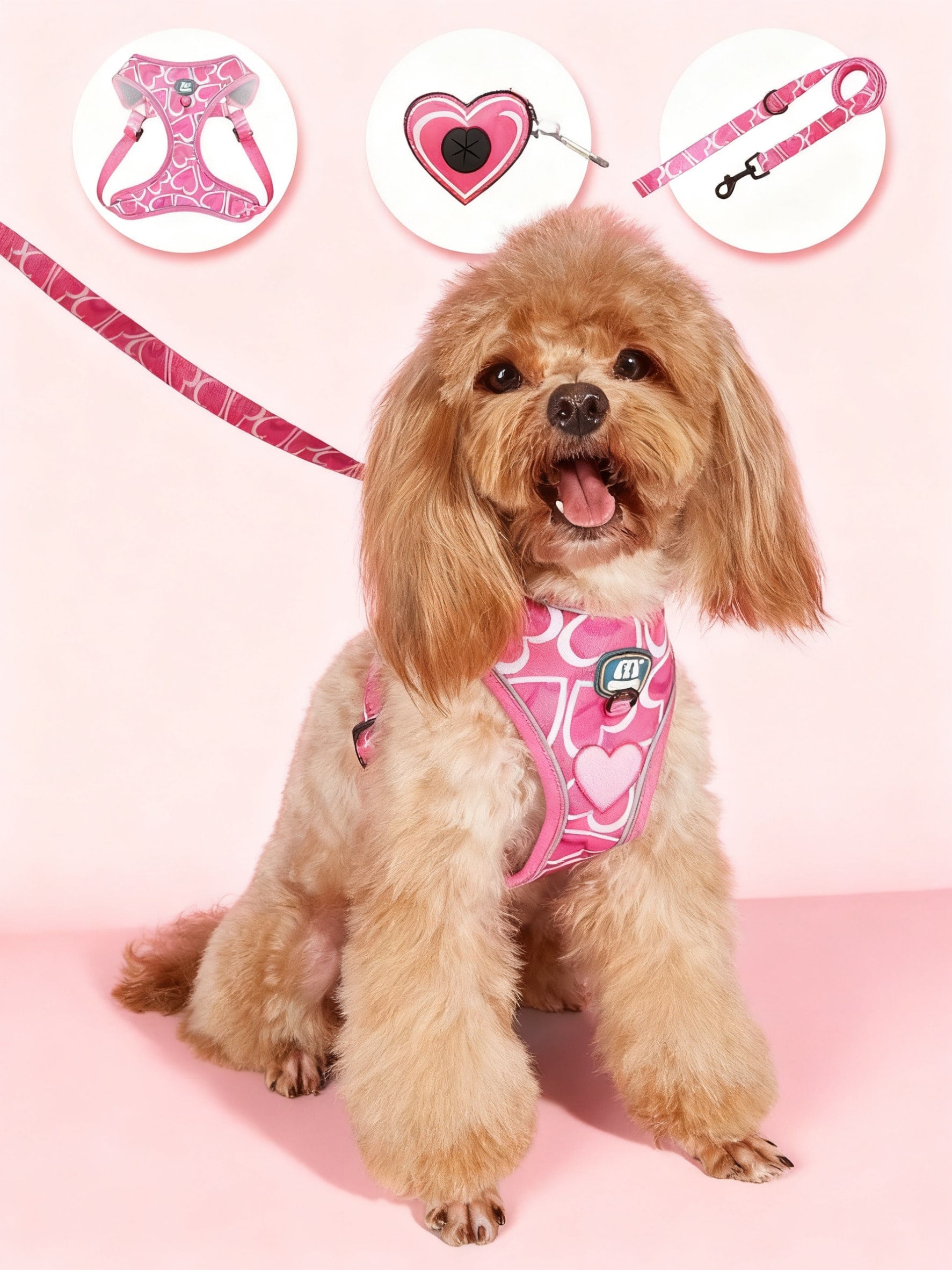 Hot pink heart print adjustable dog harness and leash set with matching poop bag holder for outdoor walking