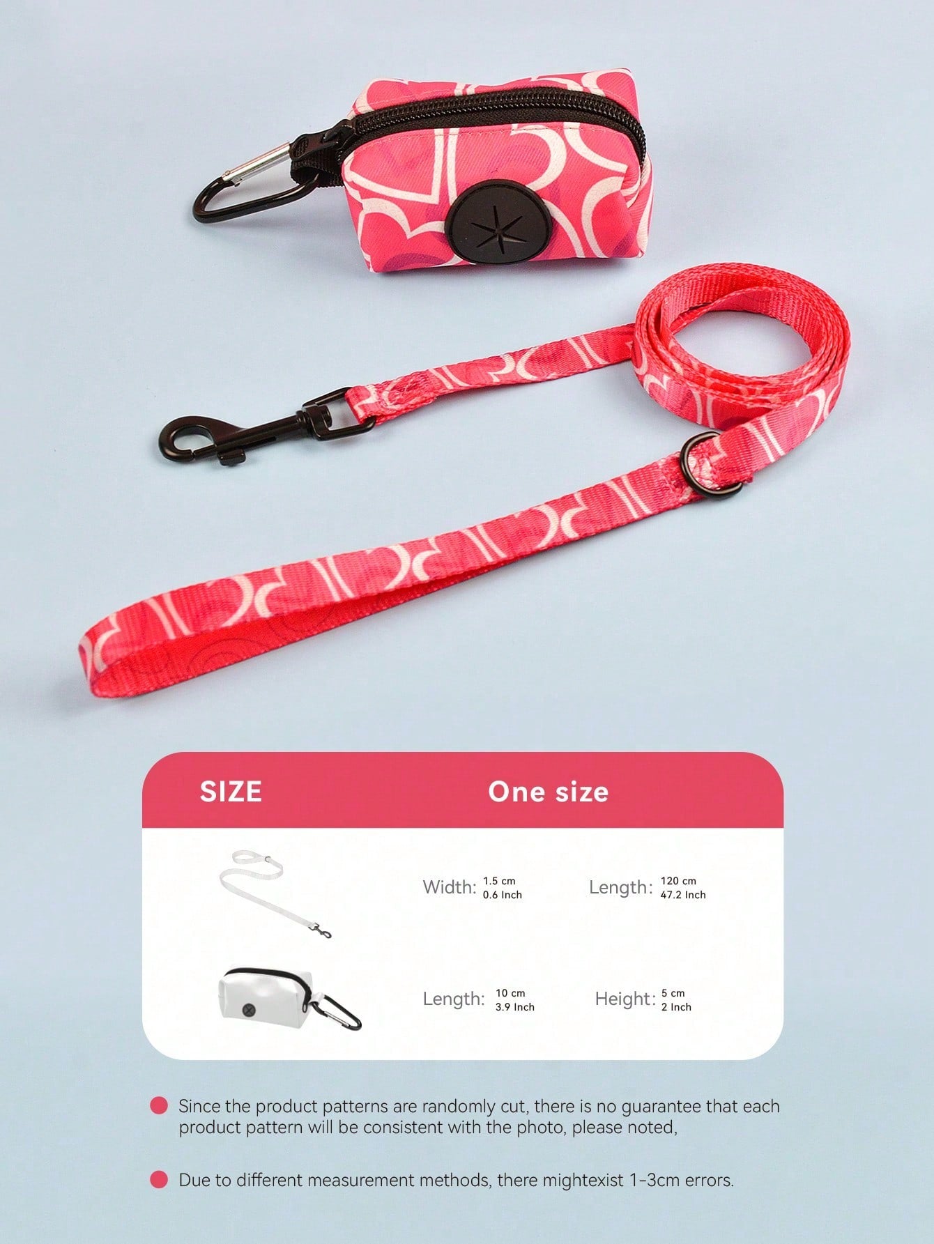 Hot pink heart print adjustable dog harness and leash set with matching poop bag holder for outdoor walking