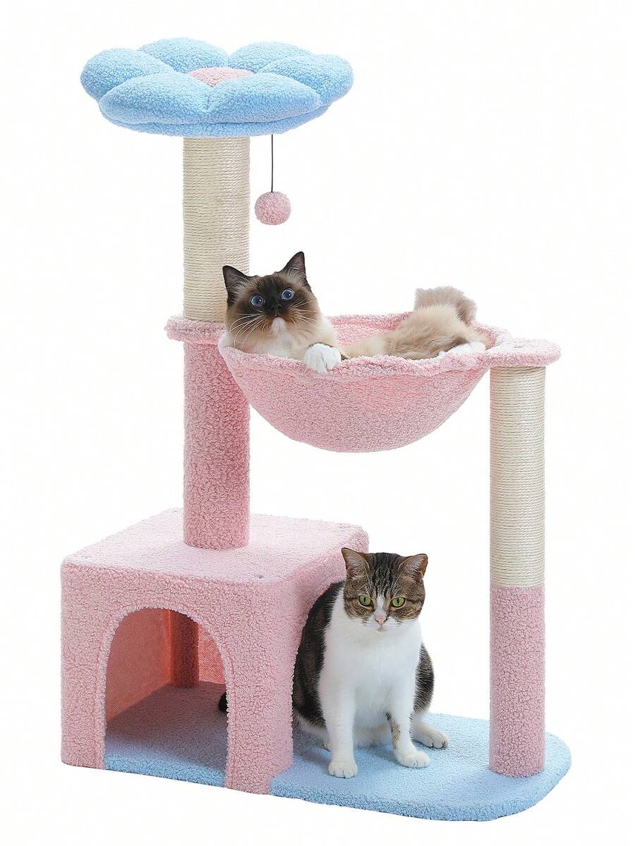 35-inch flower cat tree tower featuring a cozy metal frame hammock, spacious cat condo, and natural sisal scratching posts for indoor cats.