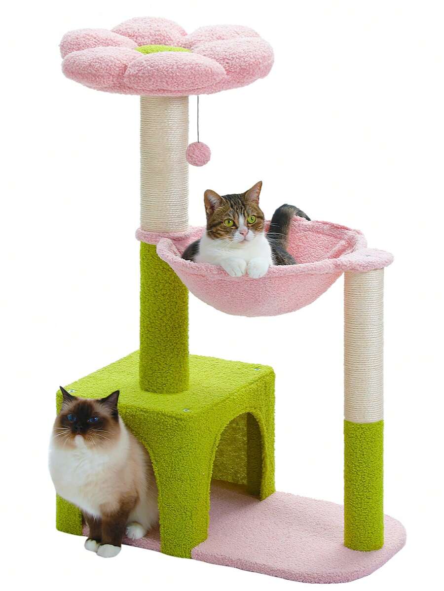 35-inch flower cat tree tower featuring a cozy metal frame hammock, spacious cat condo, and natural sisal scratching posts for indoor cats.
