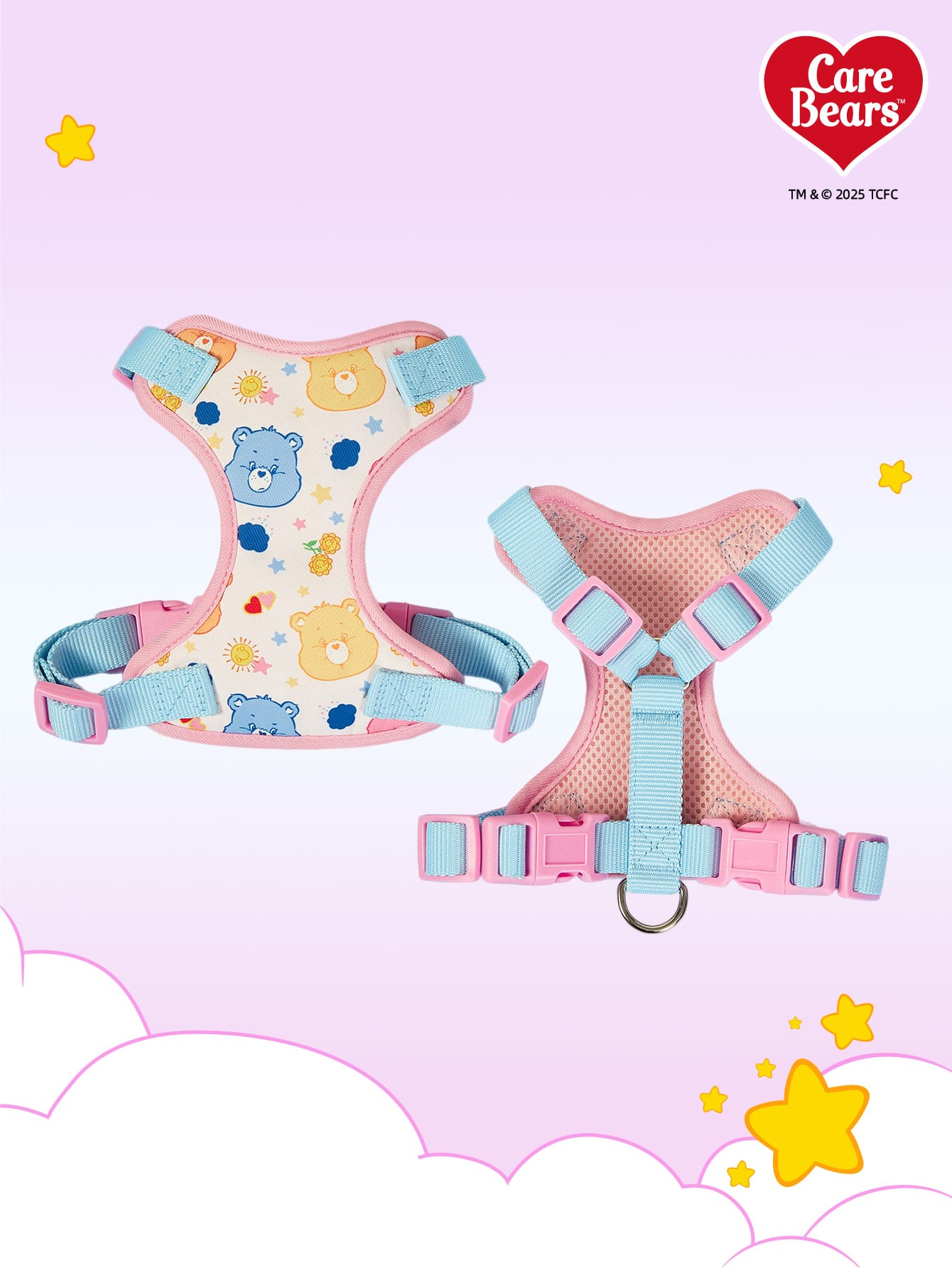 Powerpuff Girls cartoon dog harness with heart print, breathable polyester mesh, adjustable straps, and vibrant color block design for small dogs