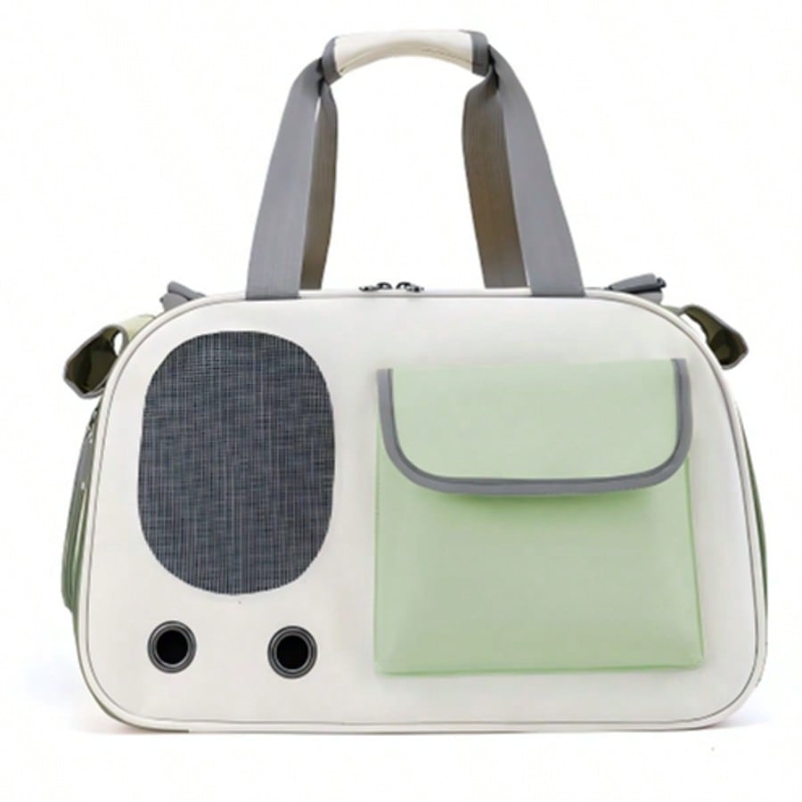 Beige and green breathable cat carrier backpack made of Oxford fabric with mesh ventilation holes and roll-up shade curtain for outdoor travel.