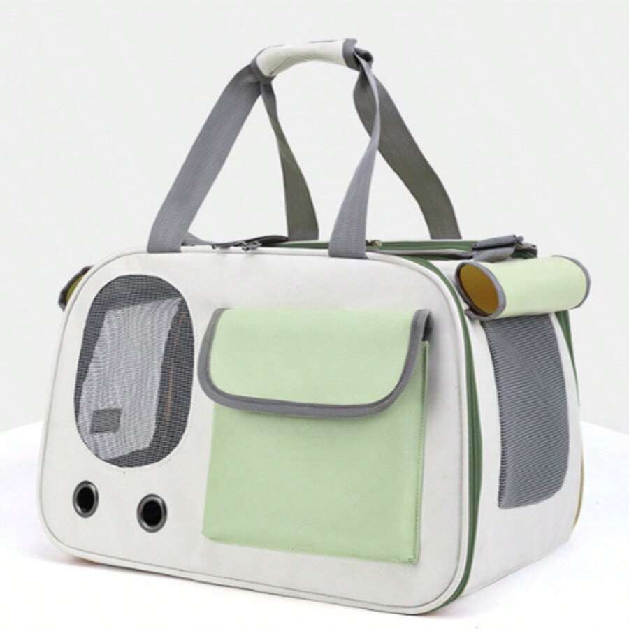 Beige and green breathable cat carrier backpack made of Oxford fabric with mesh ventilation holes and roll-up shade curtain for outdoor travel.