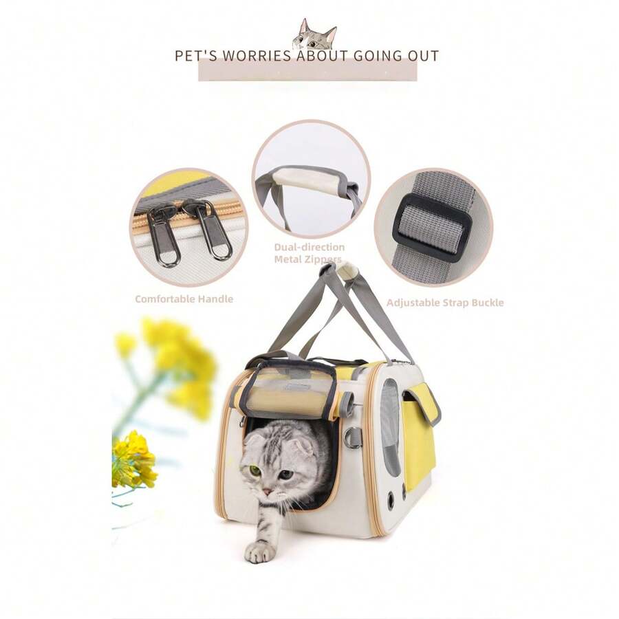 Beige and green breathable cat carrier backpack made of Oxford fabric with mesh ventilation holes and roll-up shade curtain for outdoor travel.