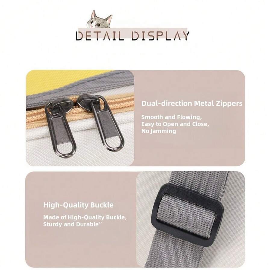 Beige and green breathable cat carrier backpack made of Oxford fabric with mesh ventilation holes and roll-up shade curtain for outdoor travel.