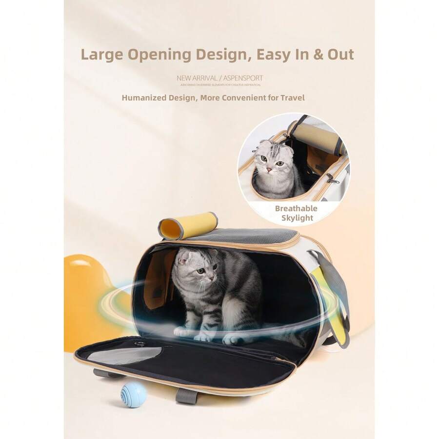Beige and green breathable cat carrier backpack made of Oxford fabric with mesh ventilation holes and roll-up shade curtain for outdoor travel.