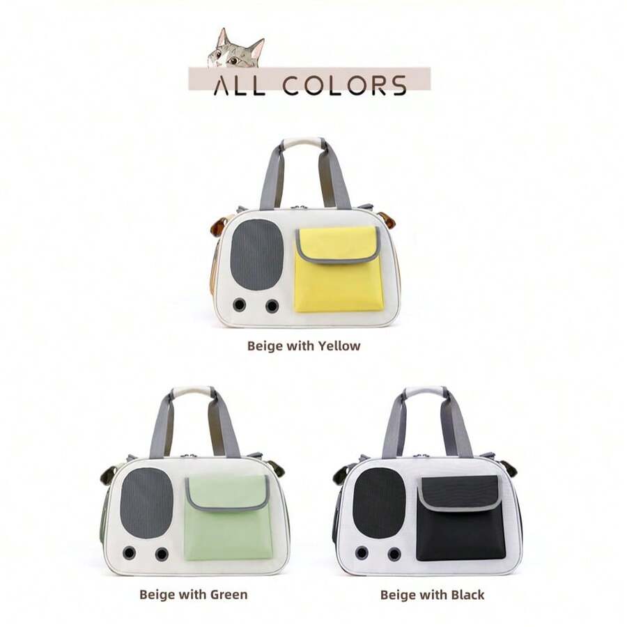 Beige and green breathable cat carrier backpack made of Oxford fabric with mesh ventilation holes and roll-up shade curtain for outdoor travel.