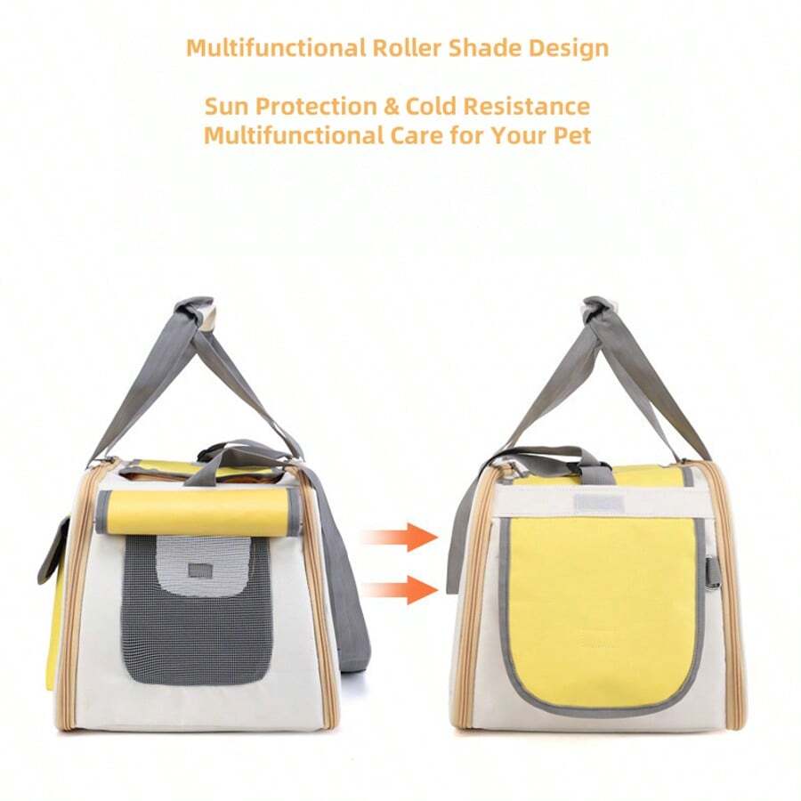 Beige and green breathable cat carrier backpack made of Oxford fabric with mesh ventilation holes and roll-up shade curtain for outdoor travel.