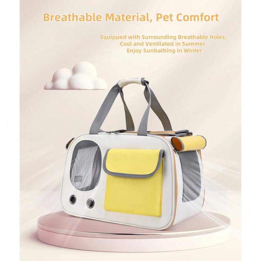 Beige and green breathable cat carrier backpack made of Oxford fabric with mesh ventilation holes and roll-up shade curtain for outdoor travel.