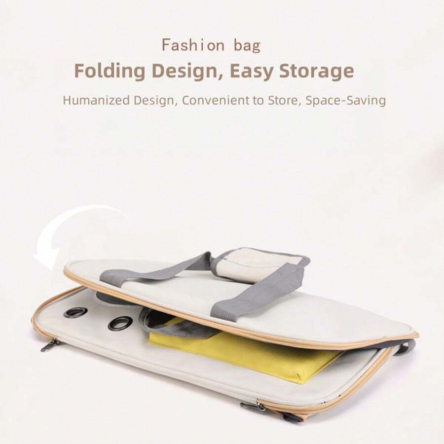 Beige and green breathable cat carrier backpack made of Oxford fabric with mesh ventilation holes and roll-up shade curtain for outdoor travel.