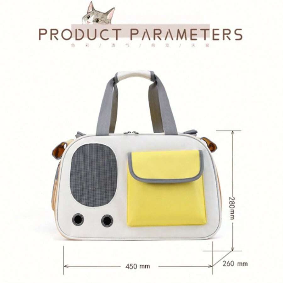 Beige and green breathable cat carrier backpack made of Oxford fabric with mesh ventilation holes and roll-up shade curtain for outdoor travel.