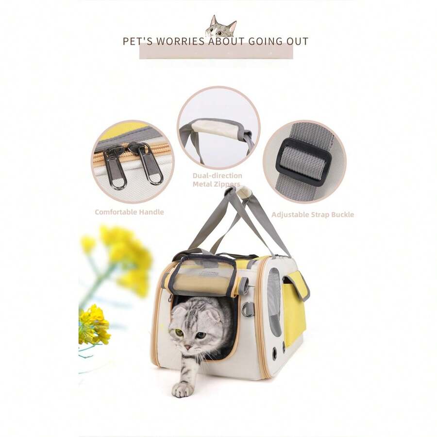 Beige and green breathable cat carrier backpack made of Oxford fabric with mesh ventilation holes and roll-up shade curtain for outdoor travel.