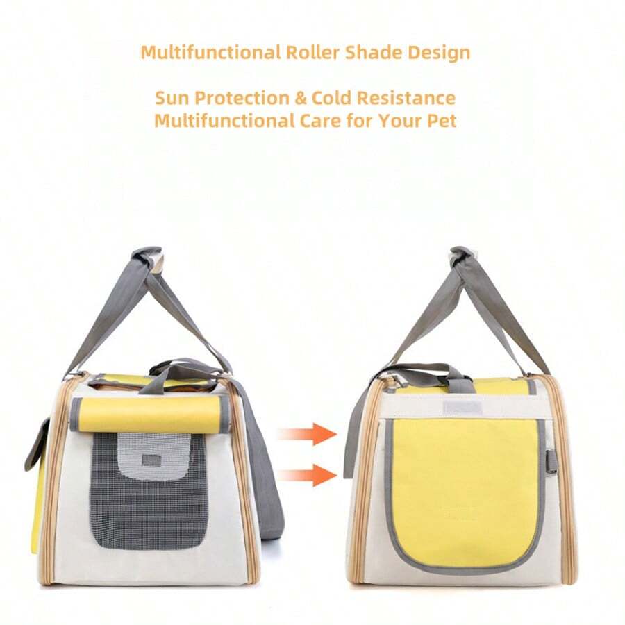 Beige and green breathable cat carrier backpack made of Oxford fabric with mesh ventilation holes and roll-up shade curtain for outdoor travel.