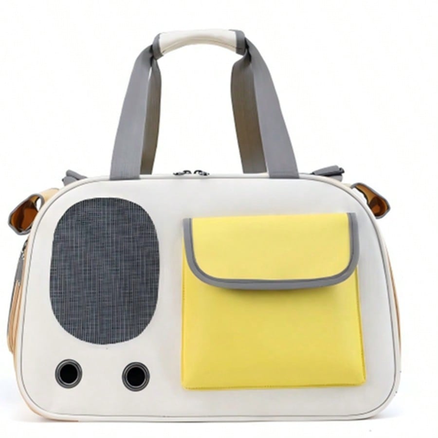 Beige and green breathable cat carrier backpack made of Oxford fabric with mesh ventilation holes and roll-up shade curtain for outdoor travel.