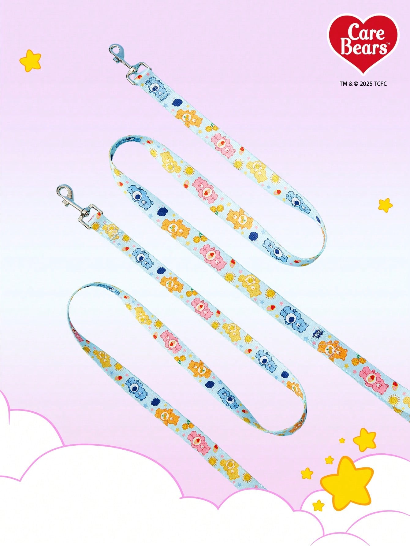 Baby blue polyamide dog leash with colorful heart-shaped bear print and comfortable grip for daily walks