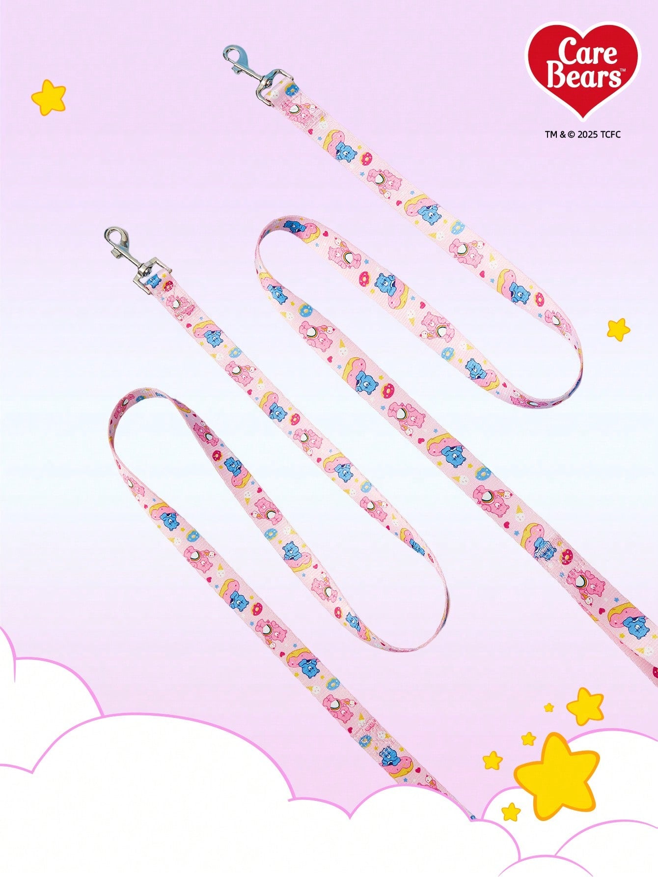Baby blue polyamide pet leash with colorful heart-shaped bear print and comfortable grip for daily dog walking.