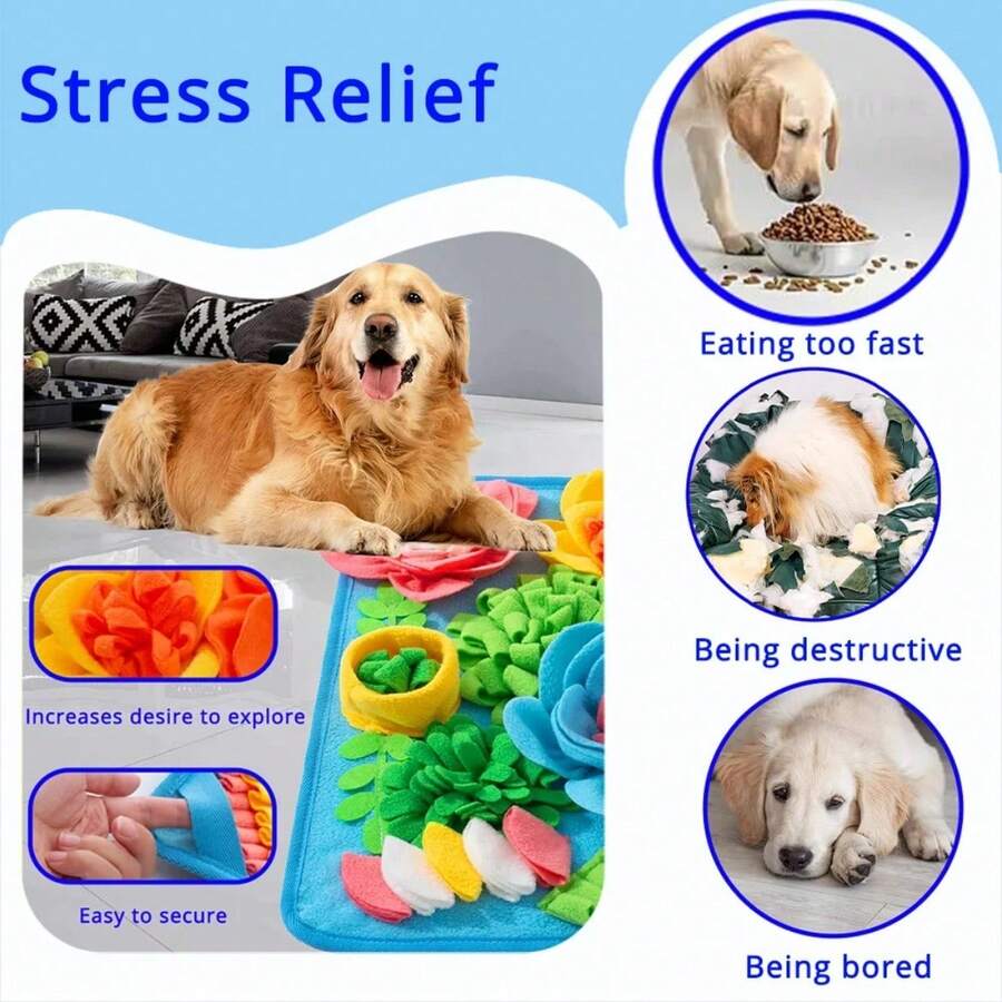 Multicolor pet sniff training mat with fruit and vegetable pattern for cats and dogs.