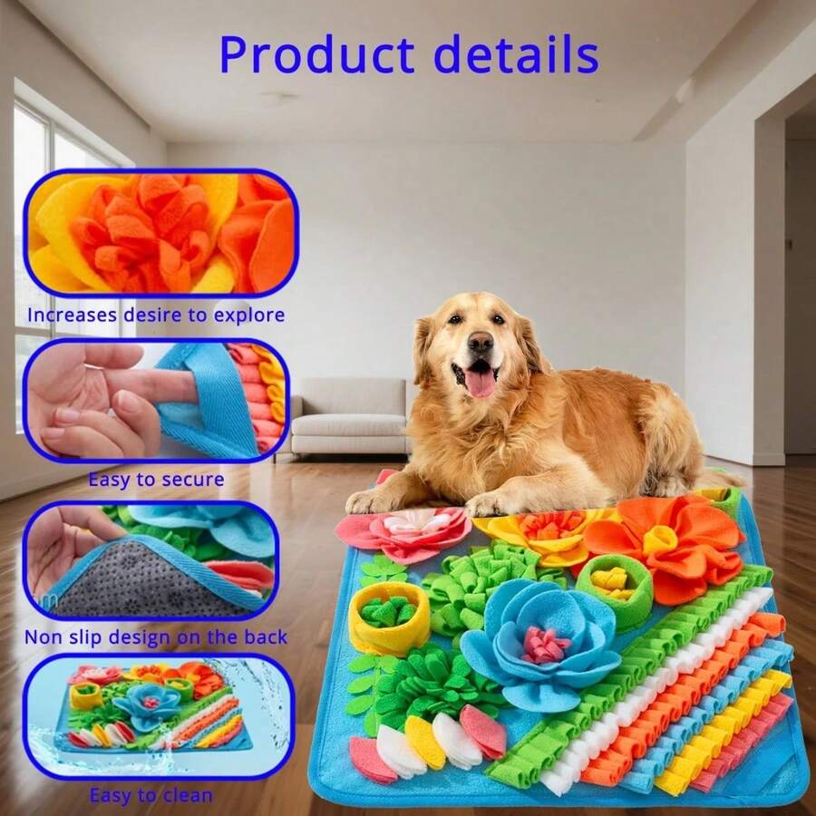 Multicolor pet sniff training mat with fruit and vegetable pattern for cats and dogs.