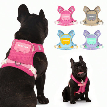 Multicolor polyester dog harness with leash, integrated backpack, adjustable buckle, sponge handle, and reflective edge for small and medium dogs
