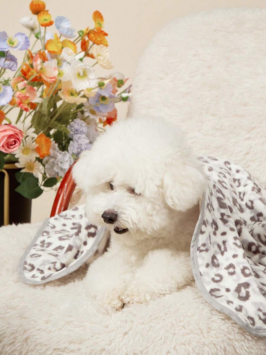 Multicolor plush pet blanket with a black spotted geometric pattern laid out for cats and dogs.