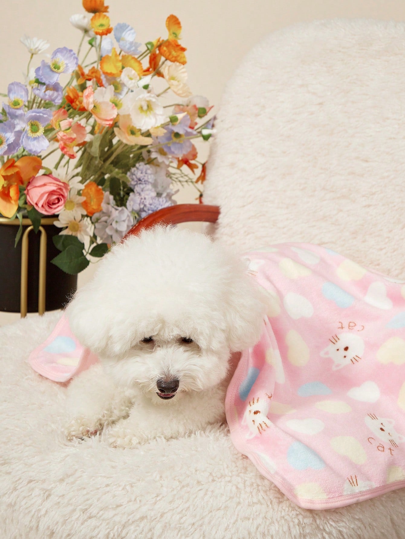 Pink thick flannel pet blanket featuring a kitten love print pattern, used as a cozy bath towel for cats and dogs.