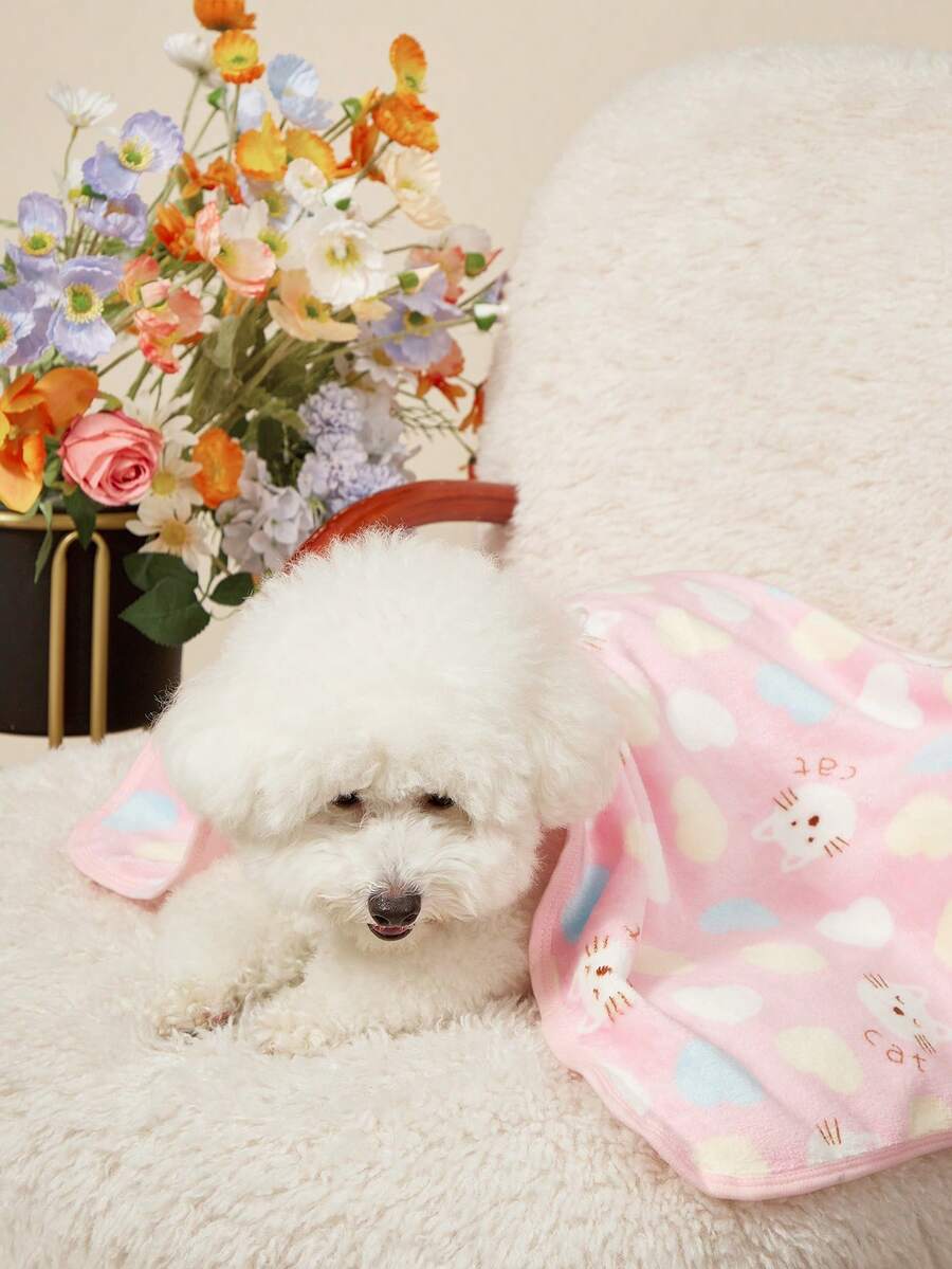 Pink thick flannel pet blanket featuring a kitten love print pattern, used as a cozy bath towel for cats and dogs.
