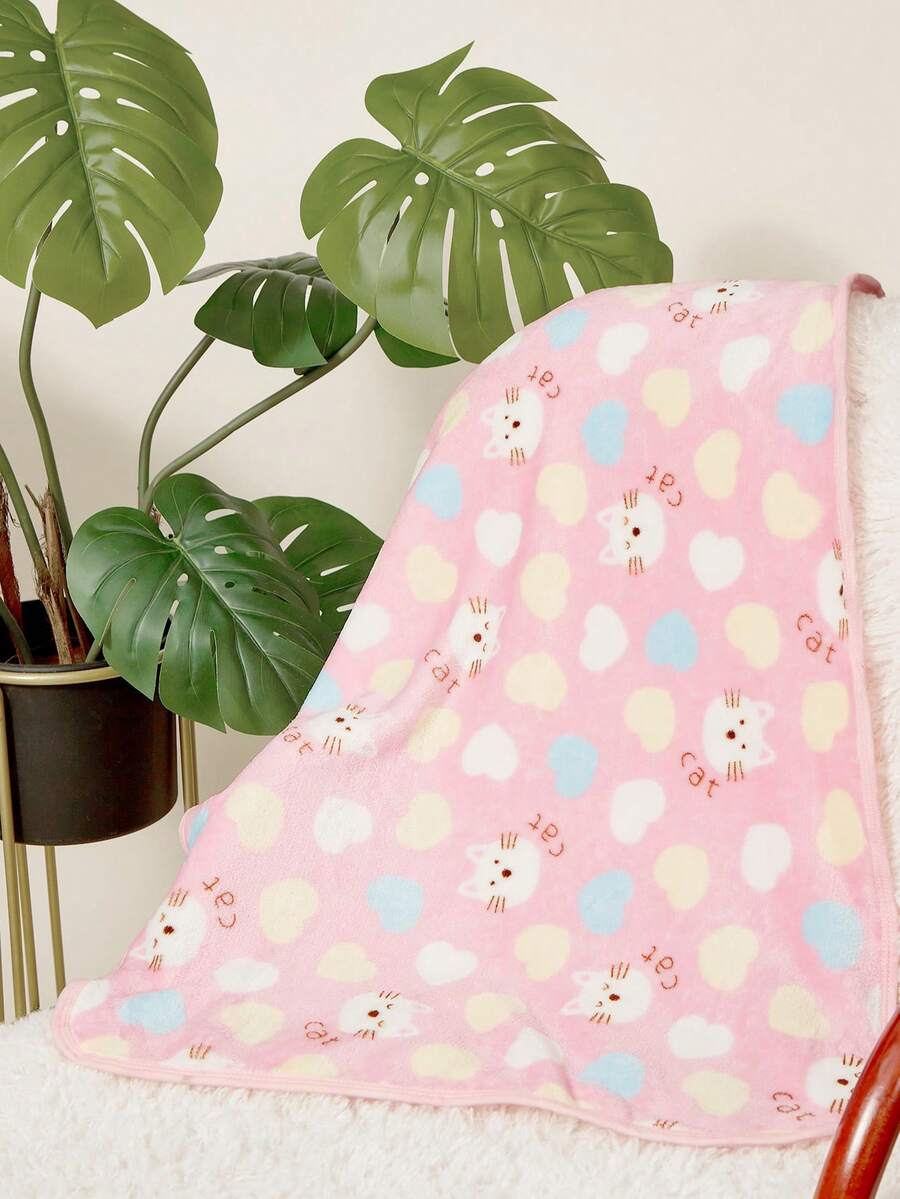 Pink thick flannel pet blanket featuring a kitten love print pattern, used as a cozy bath towel for cats and dogs.