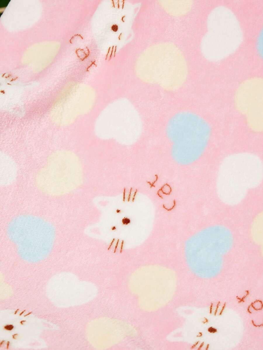 Pink thick flannel pet blanket featuring a kitten love print pattern, used as a cozy bath towel for cats and dogs.