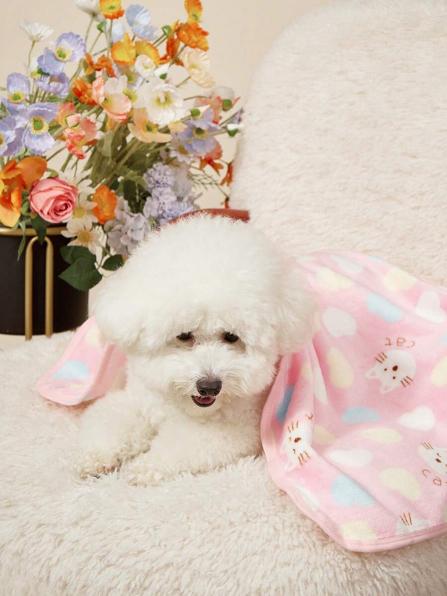 Pink thick flannel pet blanket featuring a kitten love print pattern, used as a cozy bath towel for cats and dogs.