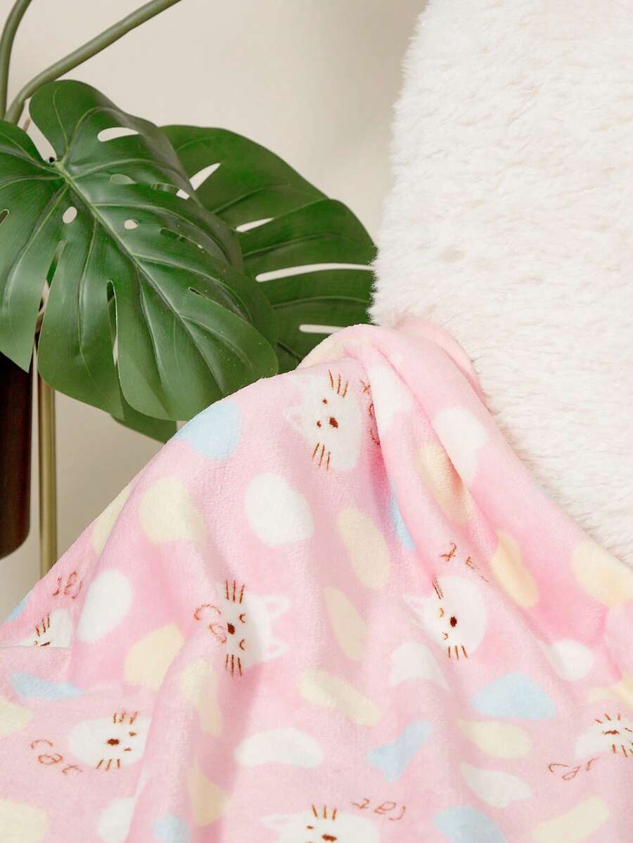 Pink thick flannel pet blanket featuring a kitten love print pattern, used as a cozy bath towel for cats and dogs.