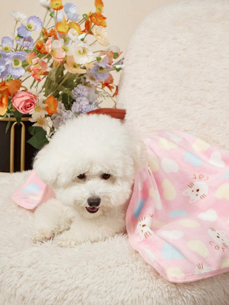 Pink thick flannel pet blanket featuring a kitten love print pattern, used as a cozy bath towel for cats and dogs.