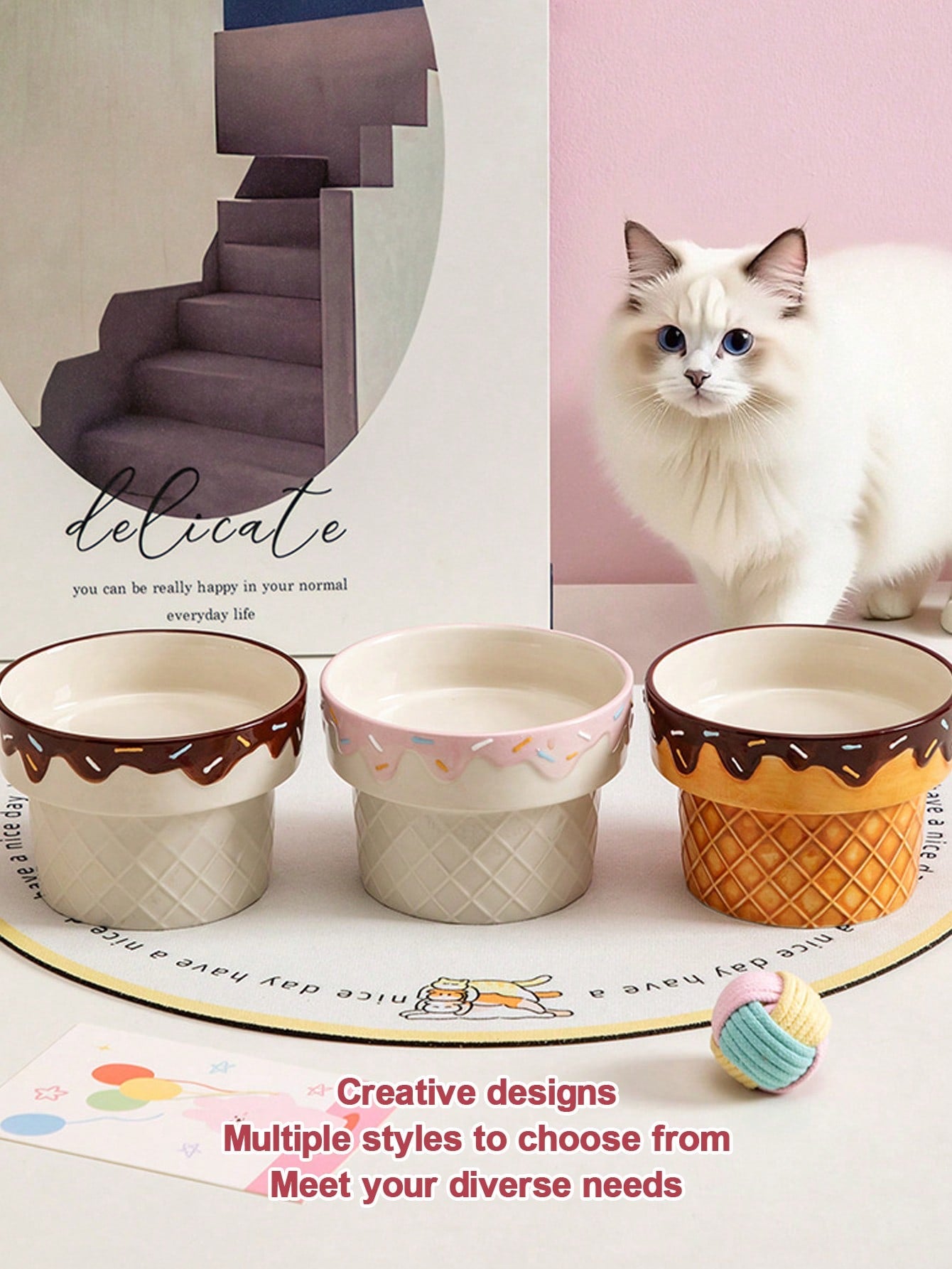 1pc Ceramic Cat Bowl, Elevated Dog Bowl For Neck Pain, Ice Cream Design Pet Food Dish, Anti-Tilt Feeder