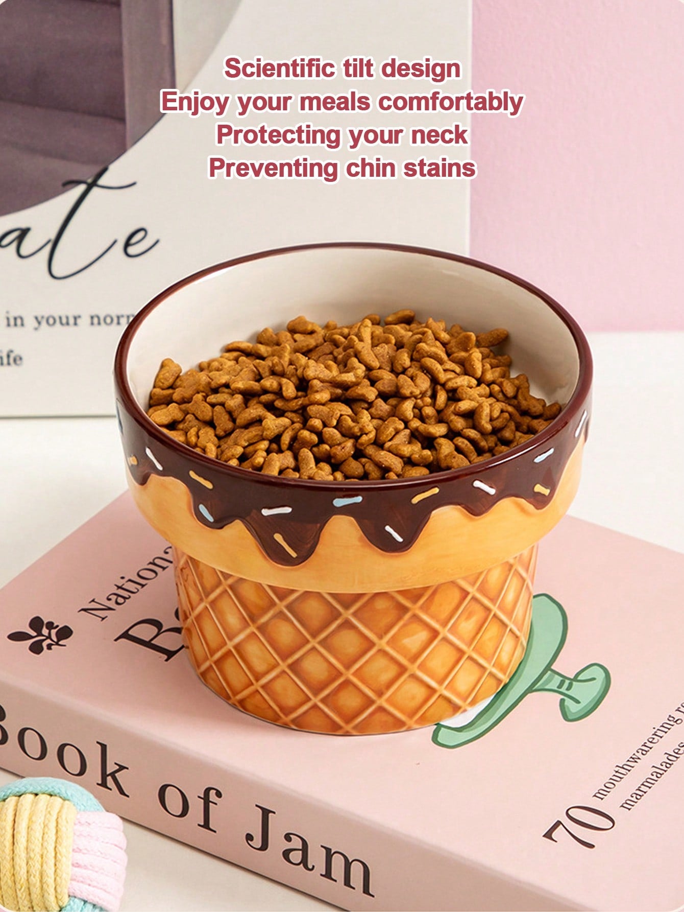 1pc Ceramic Cat Bowl, Elevated Dog Bowl For Neck Pain, Ice Cream Design Pet Food Dish, Anti-Tilt Feeder