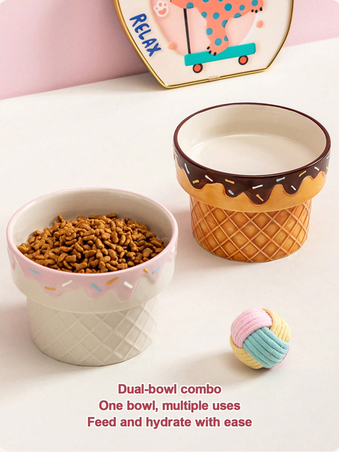 1pc Ceramic Cat Bowl, Elevated Dog Bowl For Neck Pain, Ice Cream Design Pet Food Dish, Anti-Tilt Feeder