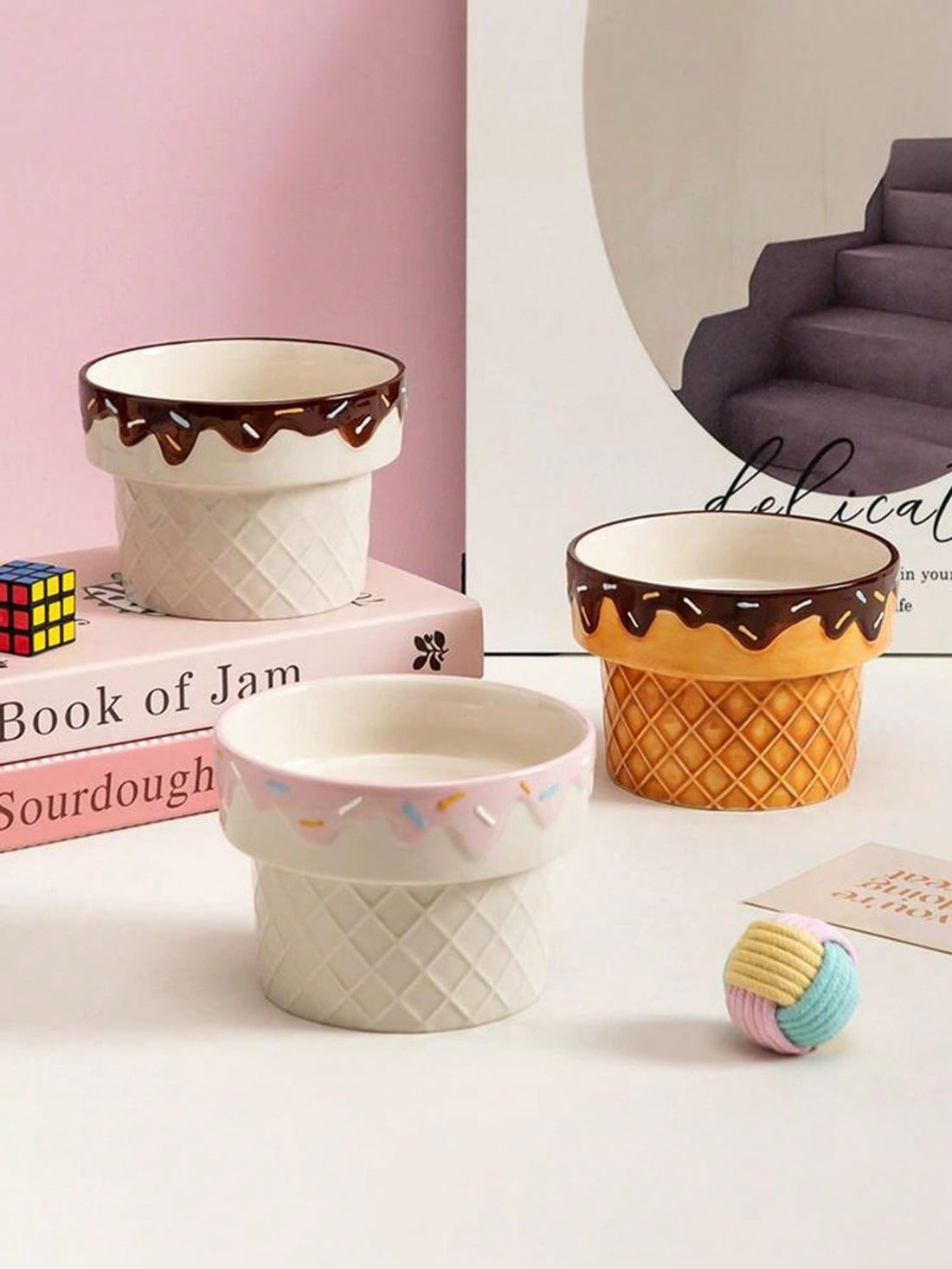 1pc Ceramic Cat Bowl, Elevated Dog Bowl For Neck Pain, Ice Cream Design Pet Food Dish, Anti-Tilt Feeder