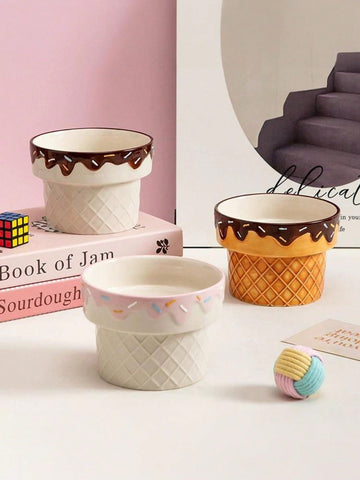 1pc Ceramic Cat Bowl, Elevated Dog Bowl For Neck Pain, Ice Cream Design Pet Food Dish, Anti-Tilt Feeder