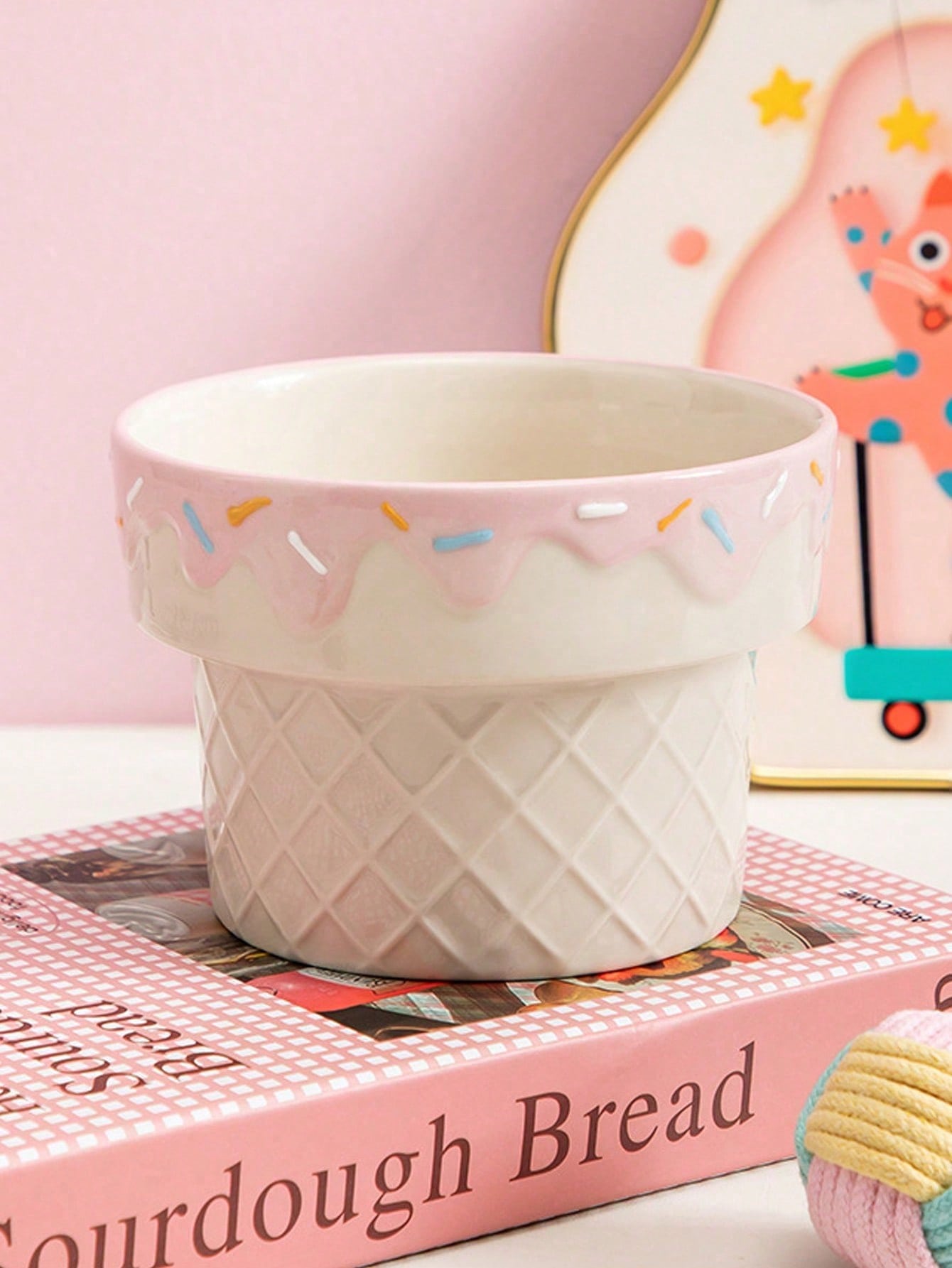 1pc Ceramic Cat Bowl, Elevated Dog Bowl For Neck Pain, Ice Cream Design Pet Food Dish, Anti-Tilt Feeder